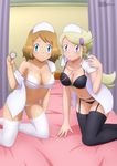  2girls absurdres ayaka_(pokemon) bare_shoulders bed bed_sheet bent_over black_bra black_panties blonde_hair blue_eyes blush bra breasts cleavage garter_belt garter_straps highres large_breasts looking_at_viewer multiple_girls navel needle nurse nurse_hat nurse_uniform off_shoulder on_bed open_clothes panties pokemon pokemon_(anime) pokemon_xy_(anime) serena_(pokemon) short_hair smile thighhighs unbuttoned unbuttoned_shirt white_bra white_panties yukino_memories 