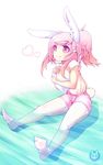  animal_ears bunny_ears bunny_tail eyebrows_visible_through_hair fiz_(fizintine) fizintine hair_ornament hairclip heart highres long_hair original pink_hair pink_shorts ponytail purple_eyes see-through shorts signature sitting solo tail water white_legwear 