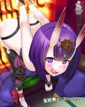  :d arms_behind_back ass back bare_shoulders bent_over blush fate/grand_order fate_(series) flower hair_ornament horns kimono_removed looking_at_viewer oni oni_horns open_mouth purple_eyes purple_hair short_hair shuten_douji_(fate/grand_order) slit_pupils smile solo tatami teeth thighhighs tongue tongue_out tsurugi_ai_(seikan_hitchhiker) 