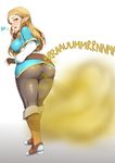  anoni-chan ass blonde_hair blush breasts commentary fart full_body green_eyes hand_on_own_face long_hair looking_at_viewer looking_back medium_breasts open_mouth pointy_ears princess_zelda smell the_legend_of_zelda the_legend_of_zelda:_breath_of_the_wild 