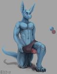  anthro big_ears big_penis black_eyes blue_scales clothed clothing dergon_(edjit) dragon ear_piercing edjit grey_background horn humanoid_penis kneeling looking_down male mostly_nude muscular muscular_male penis penis_through_leghole piercing poking_out scales simple_background topless underwear 