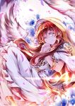  blue_eyes blue_flower bracelet dress eyebrows_visible_through_hair feathered_wings floating_hair flower hair_between_eyes hair_ornament hands_clasped highres jewelry kanaria_(fuusenkazura) long_hair looking_at_viewer minerva_the_exalted_lightsworn own_hands_together petals red_hair smile solo twintails white_dress white_wings wings yuu-gi-ou 