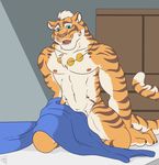  2017 abs anthro bed bedding blanket feline fur inside lin_hu male mammal muscular muscular_male navel nekojishi nude on_bed pizzalizzard solo tiger 