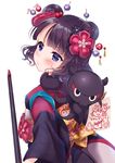  black_hair black_kimono blue_eyes blush commentary_request doodle fate/grand_order fate_(series) flower hair_flower hair_ornament hairpin highres japanese_clothes katsushika_hokusai_(fate/grand_order) kimono ko_yu looking_at_viewer obi octopus paintbrush sash short_hair simple_background solo tokitarou_(fate/grand_order) white_background 