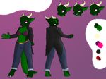  4:3 anthro belt belt_buckle bra breasts claws clothing coat dragon female green_scales horn jeans kyrie_eleison model_sheet pants red_eyes scales scalie simple_background toes underwear 