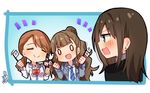  brown_hair flag hair_bun houjou_karen idolmaster idolmaster_cinderella_girls kamiya_nao long_hair multiple_girls necktie omuretsu open_mouth shibuya_rin smile v-shaped_eyebrows 