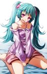  :d absurdres barefoot between_legs blue_hair collarbone eyebrows_visible_through_hair hair_between_eyes hair_ornament hand_between_legs hatsune_miku head_tilt highres long_hair looking_at_viewer miniskirt open_mouth project_diva_(series) purple_eyes purple_sweater red_skirt sitting skirt slow_motion_(vocaloid) smile solo sweater tsukishiro_saika twintails very_long_hair vocaloid wariza 