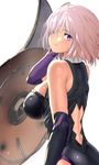  arm_at_side ass back back_cutout bangs bare_shoulders black_gloves black_leotard blurry bokeh breasts closed_mouth cowboy_shot depth_of_field elbow_gloves eyebrows_visible_through_hair fate/grand_order fate_(series) from_side gloves gorget hair_between_eyes halterneck hand_in_hair hand_up impossible_clothes impossible_leotard large_breasts leotard light_smile looking_at_viewer looking_back looking_to_the_side mash_kyrielight md5_mismatch multicolored multicolored_clothes multicolored_gloves parted_bangs pekoneko purple_eyes purple_gloves shield short_hair sideboob simple_background smile solo standing turtleneck white_background white_hair 