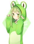  abe_suke alternate_costume animal_costume bangs blush closed_mouth commentary eyebrows_visible_through_hair frog_costume green_eyes green_hair hair_ornament hands_up kochiya_sanae long_sleeves looking_at_viewer multicolored multicolored_background pajamas sidelocks signature snake_hair_ornament solo touhou two-tone_background upper_body 