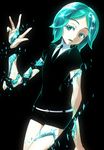  amputee androgynous aqua_eyes aqua_hair aqua_nails black_background black_neckwear black_shorts broken crystal_hair gem_uniform_(houseki_no_kuni) houseki_no_kuni nail_polish necktie phosphophyllite severed_hand severed_limb shards short_hair shorts simple_background solo uganda 