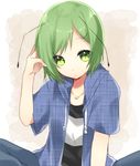  abe_suke alternate_costume antennae arm_up bangs closed_mouth commentary_request eyebrows_visible_through_hair green_eyes green_hair hood hoodie looking_at_viewer open_clothes open_hoodie shirt short_hair short_sleeves solo striped striped_shirt touhou wriggle_nightbug 