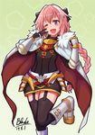  ;d armor astolfo_(fate) bangs black_bow black_gloves black_legwear black_ribbon black_shirt boots bow braid buckle clenched_hand cloak commentary_request cross dated fang fate/apocrypha fate_(series) faulds fur_collar garter_straps gauntlets gloves gradient gradient_background green_background hair_between_eyes hair_bow hair_ribbon hands_up knee_boots leg_up long_hair long_sleeves looking_at_viewer male_focus multicolored_hair one_eye_closed open_mouth otoko_no_ko pentagon_(shape) pink_hair purple_eyes qblade red_cloak ribbon shiny shiny_hair shirt signature single_braid smile solo standing standing_on_one_leg star starry_background streaked_hair tareme thighhighs v very_long_hair white_background white_cloak white_footwear white_hair 