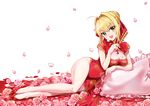  ahoge blonde_hair breasts china_dress chinese_clothes cleavage cleavage_cutout commentary_request dress fate/extra fate_(series) flower green_eyes highres looking_at_viewer lying medium_breasts nero_claudius_(fate) nero_claudius_(fate)_(all) on_side open_mouth petals pillow pink_pillow rose simple_background solo white_background xixi 