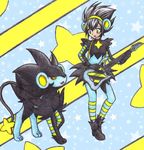  animal_ears black_hair blue_background blue_legwear breasts chikorita85 electric_guitar eye_contact fake_animal_ears full_body gen_4_pokemon gloves green_eyes guitar instrument long_sleeves looking_at_another luxray mane moemon personification pokemon pokemon_(creature) pokemon_ears shoes small_breasts smile spiked_hair standing star starry_background striped striped_background striped_legwear traditional_media 