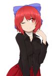  bandaged_neck black_shirt blue_bow bow breasts closed_mouth collared_shirt commentary eyebrows_visible_through_hair hair_bow highres long_sleeves looking_at_viewer medium_breasts one_eye_closed red_eyes red_hair sekibanki shirt short_hair simple_background solo touhou tyouseki upper_body white_background 