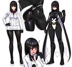  ass black_hair black_legwear blush bodysuit breasts character_sheet closed_mouth commentary_request domino_mask eyebrows_visible_through_hair full_body ishimiso_(ishimura) large_breasts looking_at_viewer mask multiple_views original pantyhose pencil_skirt red_eyes shiny shiny_clothes skirt spandex superhero 