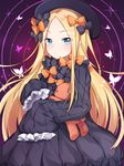  abigail_williams_(fate/grand_order) black_bow black_dress blonde_hair blue_eyes bow bug butterfly caramell0501 closed_mouth commentary_request cowboy_shot dress fate/grand_order fate_(series) forehead frills hat holding holding_stuffed_animal insect long_hair long_sleeves looking_at_viewer orange_bow purple_background sleeves_past_wrists solo standing stuffed_animal stuffed_toy teddy_bear very_long_hair 