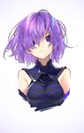  alternate_hair_color armor bangs bare_shoulders black_armor breasts closed_mouth commentary cropped_torso detached_sleeves expressionless eyes_visible_through_hair fate/grand_order fate_(series) floating_hair hair_between_eyes hair_over_one_eye head_tilt highres kuwashima_rein looking_at_viewer mash_kyrielight medium_breasts purple_eyes shiny shiny_hair short_hair sleeveless solo upper_body white_background 