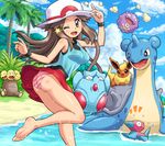  :d ass barefoot blue_(pokemon) brown_hair commentary_request exeggutor flareon gen_1_pokemon hat koffing lapras long_hair ocean one_eye_closed open_mouth palm_tree panties pleated_skirt pokemoa pokemon pokemon_(creature) pokemon_(game) pokemon_frlg porkpie_hat porygon red_skirt sand shirt sidelocks skirt sleeveless sleeveless_shirt smile striped striped_panties tentacool tree underwear wet wet_clothes wristband 