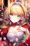  ahoge blonde_hair breasts cleavage closed_mouth commentary_request epaulettes fate/extra fate_(series) green_eyes hair_ribbon light_smile looking_at_viewer medium_breasts nero_claudius_(fate) nero_claudius_(fate)_(all) petals red_ribbon ribbon riri_(artist) short_hair smile solo upper_body 