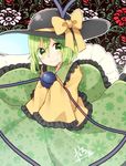  abe_suke bangs blush bow closed_mouth floral_background floral_print green_eyes green_hair green_skirt hair_between_eyes hat hat_bow komeiji_koishi looking_at_viewer short_hair signature skirt sleeves_past_fingers sleeves_past_wrists smile solo third_eye touhou yellow_bow 