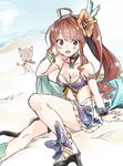  :d ahoge beach bikini_skirt blush bracelet breasts brown_eyes brown_hair commentary_request diantha_(granblue_fantasy) flower granblue_fantasy hair_flower hair_ornament high_heels jewelry medium_breasts open_mouth sawayaka_samehada side_ponytail sitting smile vee_(granblue_fantasy) 