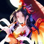  alternate_costume alternate_hair_color alternate_hairstyle black_hair breasts chinese_clothes cleavage detached_sleeves facial_mark forehead_mark full_moon hagoromo hair_ornament medium_breasts mercy_(overwatch) moon oriental_umbrella overwatch road_233 shawl smile solo umbrella upper_body wide_sleeves zhuque_mercy 