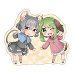  ;d abe_suke ahoge animal_ears bangs black_footwear bloomers blush brown_eyes brown_footwear capelet character_name chibi dress eyebrows_visible_through_hair full_body green_eyes green_hair grey_hair jewelry kasodani_kyouko leaning_forward long_sleeves looking_at_viewer mouse_ears mouse_tail multiple_girls nazrin necklace one_eye_closed open_mouth short_hair simple_background skirt skirt_set smile socks standing tail touhou underwear v white_background white_legwear 
