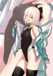  :d absurdres ahoge black_legwear bow breasts commentary_request competition_swimsuit contrapposto covered_navel cowboy_shot fate/grand_order fate_(series) from_side gradient hair_between_eyes hair_bow highres jacket koha-ace long_sleeves off_shoulder okita_souji_(fate) okita_souji_(fate)_(all) one-piece_swimsuit open_clothes open_jacket open_mouth open_track_jacket pink_hair short_hair short_ponytail sleeves_past_wrists small_breasts smile solo speech_bubble standing swimsuit thighhighs track_jacket ulrich_(tagaragakuin) yellow_eyes zoom_layer 