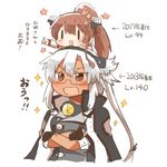  brown_eyes chibi commentary_request dark_skin fingerless_gloves glasses gloves hair_between_eyes jacket kantai_collection light_brown_hair lowres multiple_girls musashi_(kantai_collection) on_head rebecca_(keinelove) remodel_(kantai_collection) short_hair_with_long_locks sitting sitting_on_person sparkle tall translated twintails two_side_up yamato_(kantai_collection) 