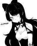  abe_suke bare_shoulders blake_belladonna bow breasts character_name choker cleavage closed_mouth commentary_request greyscale hair_bow long_hair looking_at_viewer medium_breasts monochrome rwby sidelocks signature simple_background solo upper_body white_background 