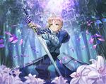  ahoge armor armored_dress artoria_pendragon_(all) blonde_hair blue_dress dress excalibur fate/stay_night fate_(series) flower forest gauntlets green_eyes holding holding_sword holding_weapon kankito kneeling nature outdoors petals rain saber sidelocks solo sword tied_hair tree weapon white_flower 