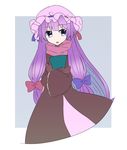  abe_suke bangs blue_bow book bow brown_gloves dress eyebrows_visible_through_hair gloves hair_bow hat holding holding_book long_hair long_sleeves mob_cap open_mouth patchouli_knowledge purple_eyes purple_hair purple_hat red_bow solo touhou 