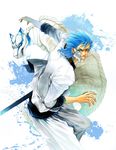  arrancar bleach blue blue_eyes blue_hair dual_persona ecthelian furrowed_eyebrows grimmjow_jaegerjaquez grimmjow_jaegerjaquez_(hollow) grin hair_slicked_back hollow male_focus panther pants sheath simple_background smile watermark web_address white_background 