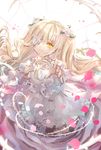  bangs blonde_hair closed_mouth commentary_request dress eyebrows_visible_through_hair fingernails flower hair_between_eyes hair_flower hair_ornament head_tilt highres kirakishou long_hair looking_at_viewer outstretched_arm petals rose rozen_maiden sidelocks smile solo thorns very_long_hair white_dress white_flower white_rose yellow_eyes yumeichigo_alice 