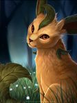  face gen_4_pokemon grass leaf leafeon looking_at_viewer no_humans orange_eyes pokemon pokemon_(creature) realistic sitting solo watermark web_address 