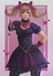  absurdres aiming_at_viewer alternate_costume animal_ears argyle argyle_legwear black_cat_d.va black_dress black_gloves blonde_hair bow breasts cat_ears charm_(object) commentary corset d.va_(overwatch) detached_collar dress gloves gun hand_on_hip handgun heart highres lips lolita_fashion looking_at_viewer medium_breasts overwatch pantyhose pink_bow pistol puffy_short_sleeves puffy_sleeves shiro-hane short_sleeves solo twintails weapon 