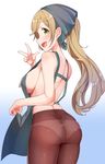  apron ass blonde_hair blush breasts brown_hair brown_legwear error eyebrows eyebrows_visible_through_hair fang green_eyes head_scarf highres inuyama_aoi konnyaku_(kk-monmon) long_hair looking_at_viewer medium_breasts naked_apron open_mouth panties panties_under_pantyhose pantyhose shiny shiny_clothes shiny_hair skindentation solo standing underwear white_background yurucamp 