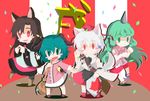  animal_ears bamboo_broom black_legwear blush_stickers broom brown_hair capelet chinese_zodiac closed_mouth collared_shirt commentary commentary_request confetti curly_hair dog_ears dress eyebrows_visible_through_hair full_body geta green_eyes green_hair highres holding holding_broom horn imaizumi_kagerou inubashiri_momiji kariyushi_shirt kasodani_kyouko komano_aun leaf long_hair long_sleeves maple_leaf multicolored multicolored_clothes multicolored_dress multicolored_shorts multicolored_skirt multiple_girls music open_mouth outstretched_arms paw_pose pom_pom_(clothes) red_eyes red_footwear shadow sheath shield shirt shoes short_hair short_sleeves shorts singing skirt smile spread_arms standing standing_on_one_leg strap sword tanbo_no_naka touhou turtleneck weapon white_hair white_legwear white_shirt wide_sleeves wolf_ears year_of_the_dog 