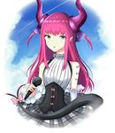  bangs bare_shoulders blue_eyes blue_sky breasts cloud commentary curled_horns day detached_sleeves dragon_girl dragon_horns dragon_tail elizabeth_bathory_(fate) elizabeth_bathory_(fate)_(all) eyebrows_visible_through_hair fate/extra fate_(series) grey_skirt hair_ribbon holding holding_microphone horns long_hair long_sleeves looking_at_viewer microphone parted_lips pink_hair plaid plaid_skirt purple_ribbon ribbon rocm_(nkkf3785) shirt sidelocks skirt sky sleeveless sleeveless_shirt small_breasts solo tail underbust white_shirt 