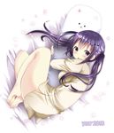  2018 barefoot bed_sheet breasts dakimakura_(object) floating_hair from_above full_body gochuumon_wa_usagi_desu_ka? grey_shirt hair_ornament highres kohakugin long_hair looking_at_viewer lying medium_breasts on_back on_side pillow pillow_hug purple_eyes purple_hair shirt tedeza_rize tippy_(gochiusa) twintails very_long_hair 