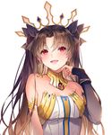  :d armlet bad_id bad_pixiv_id bare_shoulders black_hair blush breasts cleavage commentary crown detached_sleeves earrings ells fate/grand_order fate_(series) hair_ribbon highres ishtar_(fate/grand_order) jewelry long_hair looking_at_viewer medium_breasts open_mouth red_eyes ribbon single_detached_sleeve smile solo two_side_up 