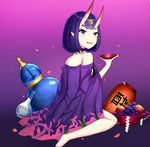  :d bangs bare_shoulders barefoot blush breasts commentary_request cup fate/grand_order fate_(series) food fruit gourd gradient gradient_background grapes hair_ornament holding horns lantern looking_at_viewer looking_to_the_side off_shoulder oni oni_horns open_mouth paper_lantern petals pink_background pointy_ears purple_background purple_eyes purple_hair rocm_(nkkf3785) sakazuki shide short_hair shuten_douji_(fate/grand_order) sitting small_breasts smile solo wariza 