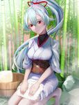  bamboo bamboo_forest bucket commentary_request fate/grand_order fate_(series) forest hair_ribbon head_tilt highres japanese_clothes kimono kneeling long_hair looking_at_viewer nature obi ponytail red_eyes red_ribbon ribbon sash short_kimono silver_hair smile solo tomoe_gozen_(fate/grand_order) tsujieiri very_long_hair 