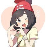  beanie black_hair hat heart heart_hands mizuki_(pokemon) one_eye_closed open_mouth pokemon pokemon_(game) pokemon_sm red_hat short_hair short_sleeves solo unapoppo z-ring 