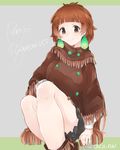  artist_name brown_eyes brown_hair earrings grey_background jewelry kemono_friends long_hair orangutan_(kemono_friends) poncho scientific_name signature simple_background sitting solo tatsuno_newo twitter_username 