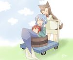  :d abe_suke animal_ears bangs blue_hair blush brown_hair bucket closed_eyes commentary_request disembodied_head dress drill_hair eyebrows_visible_through_hair grass_root_youkai_network head_fins holding imaizumi_kagerou in_bucket in_container long_hair mermaid monster_girl multiple_girls open_mouth pushcart red_hair sekibanki sidelocks signature sitting smile standing tail touhou triangle_mouth twin_drills wakasagihime wolf_ears wolf_tail 