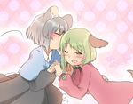  abe_suke animal_ears blush capelet closed_eyes closed_mouth commentary_request dress facial_hair green_eyes green_hair grey_hair holding_hands interlocked_fingers kasodani_kyouko kiss kiss_day long_sleeves mouse_ears multiple_girls mustache nazrin one_eye_closed open_mouth pink_dress polka_dot polka_dot_background short_hair touhou yuri 