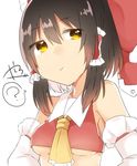  ? abe_suke ascot bangs black_hair bow breasts closed_mouth commentary_request detached_sleeves eyebrows_visible_through_hair hair_between_eyes hair_bow hair_tubes hakurei_reimu looking_at_viewer red_bow sidelocks signature simple_background small_breasts solo spoken_question_mark touhou underboob upper_body white_background yellow_eyes 