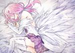  bed_sheet bridal_gauntlets closed_eyes from_above guilty_crown hair_ornament long_hair low_twintails lying miniskirt on_side open_mouth pink_hair pleated_skirt purple_skirt skirt sleeping solo thighhighs twintails white_feathers white_legwear yoma yuzuriha_inori zettai_ryouiki 